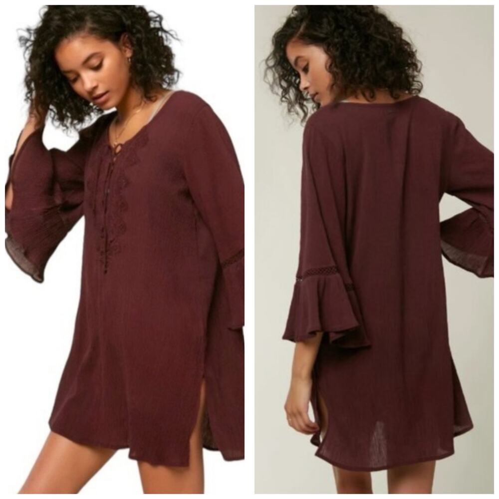 O'Neill Saltwater Burgundy Gauze Embroidered Bell Sleeve Beach Cover Up Large - Picture 10 of 10
